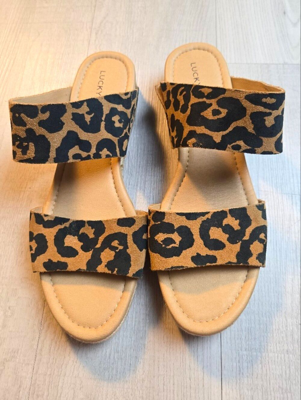 Lucky Brand Wyntor Leather Cheetah Slide Sandal Jute Trim 9.5